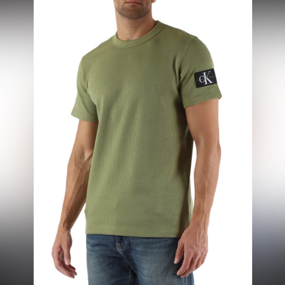 Calvin Klein Khaki T-Shirt with Logo Patch waffle cotton t shirt